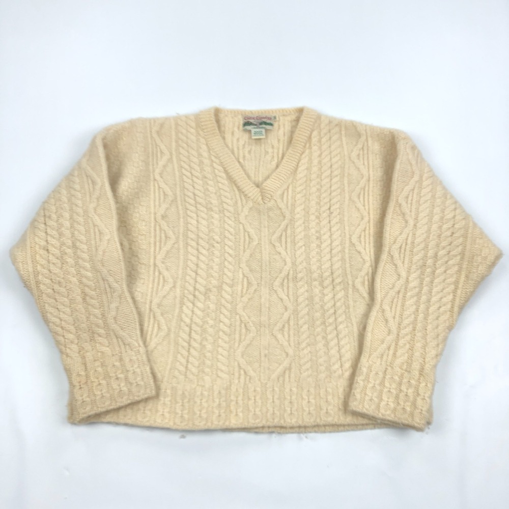 Celtic Country Womens Cream 100% Wool Cable Knit Aran Sweater Ireland Size M